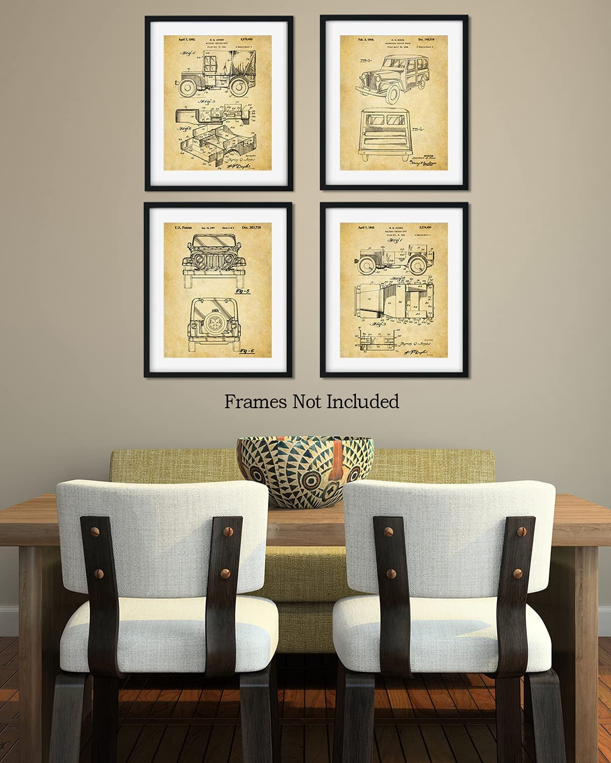 Jeep Patents - a Set of Four Jeep Patents Wall Art Decor Prints with Sepia Backgrounds - Unframed Artwork Printed on Photograph Paper