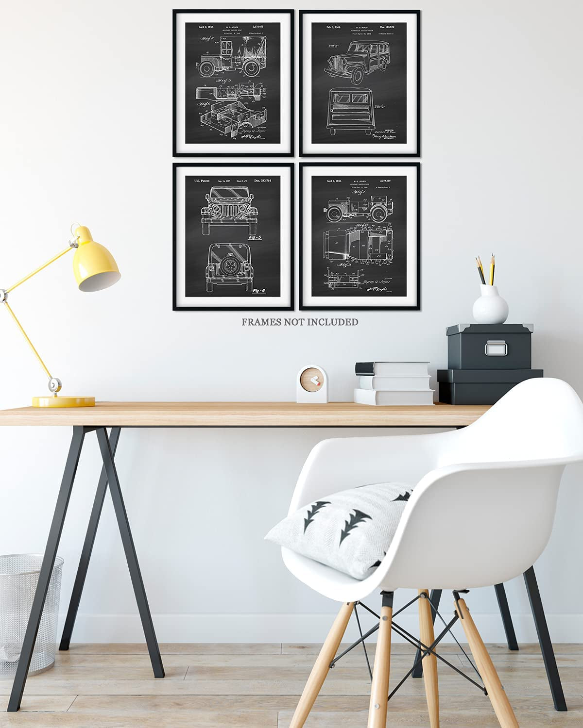 Jeep Patents - a Set of Four Jeep Patents Wall Art Decor Prints with Dark Gray Backgrounds - Unframed Artwork Printed on Photograph Paper