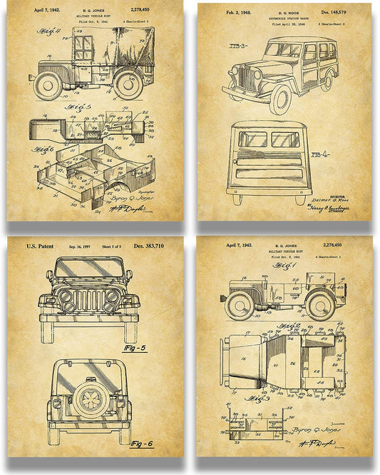 Jeep Patents - a Set of Four Jeep Patents Wall Art Decor Prints with Sepia Backgrounds - Unframed Artwork Printed on Photograph Paper