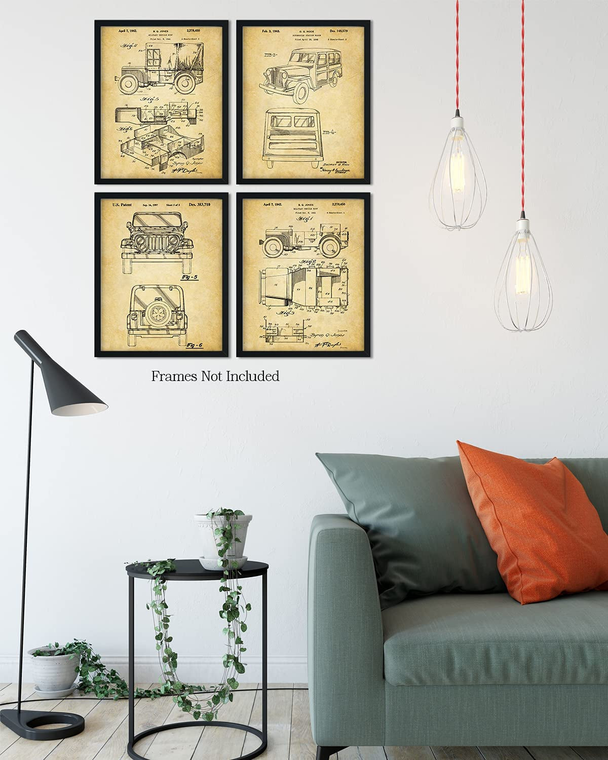 Jeep Patents - a Set of Four Jeep Patents Wall Art Decor Prints with Sepia Backgrounds - Unframed Artwork Printed on Photograph Paper