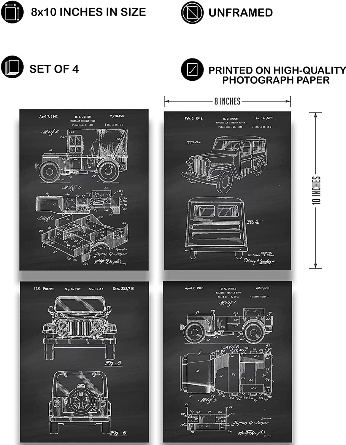 Jeep Patents - a Set of Four Jeep Patents Wall Art Decor Prints with Dark Gray Backgrounds - Unframed Artwork Printed on Photograph Paper